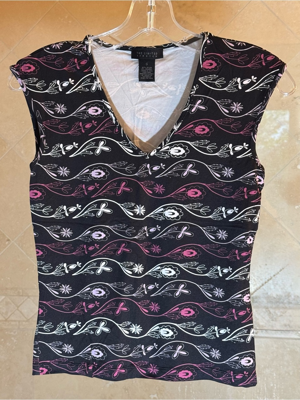 The Limited Black Floral V-Neck Tank Top with Pink and White Accents